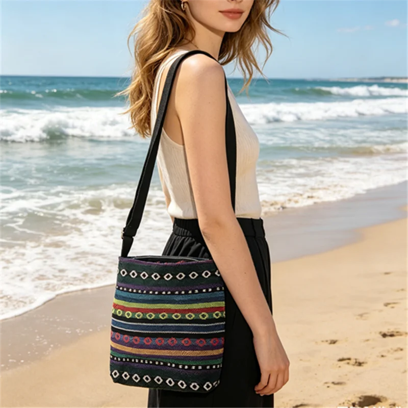 Bohemian Butterfly Canvas Crossbody Bag Adjustable Strap Ethnic Striped Zipper Purse Summer Beach Daily Women&rsquo;s Casual Handbag