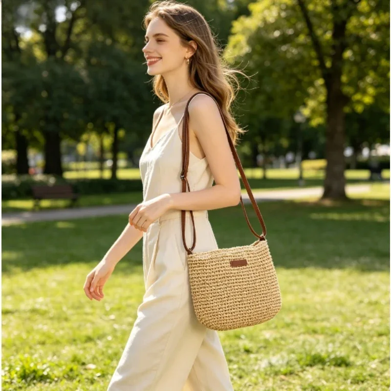 Lightweight Fresh Simple Solid Straw Woven Purse Dual-use Crossbody Shoulder Bag for Seaside Travel