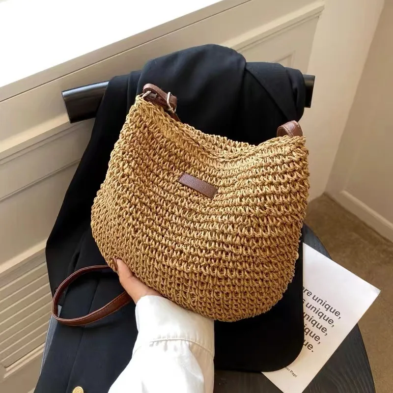 Lightweight Fresh Simple Solid Straw Woven Purse Dual-use Crossbody Shoulder Bag for Seaside Travel