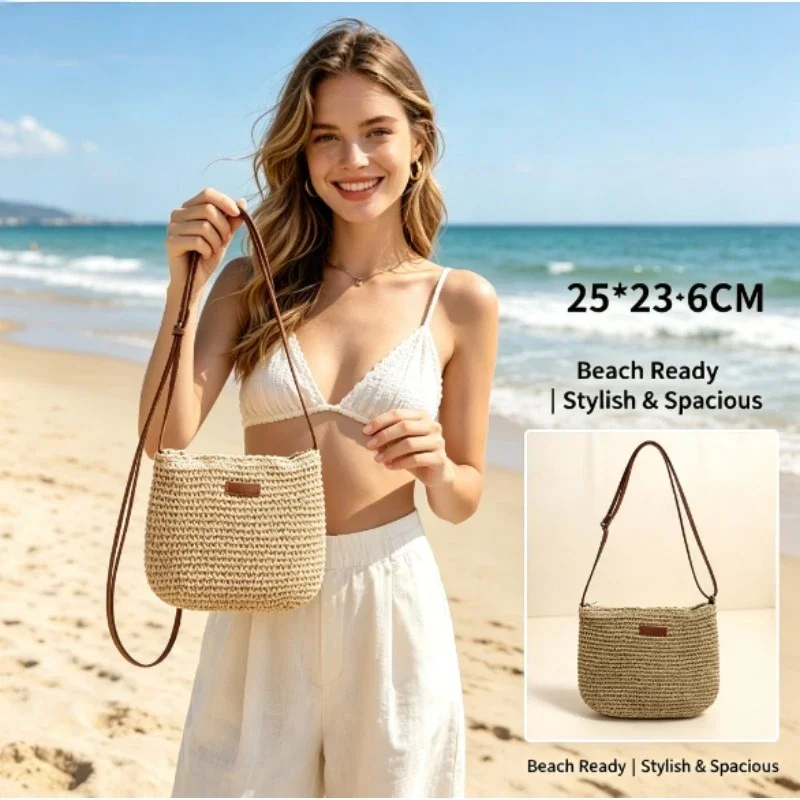 Lightweight Fresh Simple Solid Straw Woven Purse Dual-use Crossbody Shoulder Bag for Seaside Travel