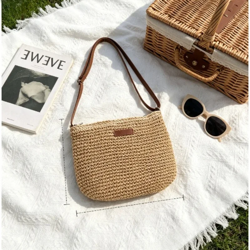 Lightweight Fresh Simple Solid Straw Woven Purse Dual-use Crossbody Shoulder Bag for Seaside Travel