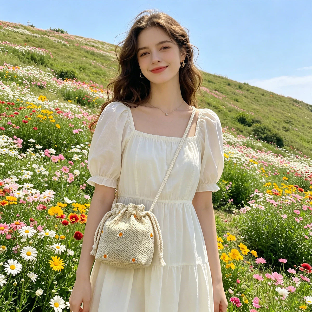 Sweet and Premium Beach Grass Woven Mini Bucket Bag Drawstring Design Single Shoulder Diagonal Crossbag Used for Vacation Travel