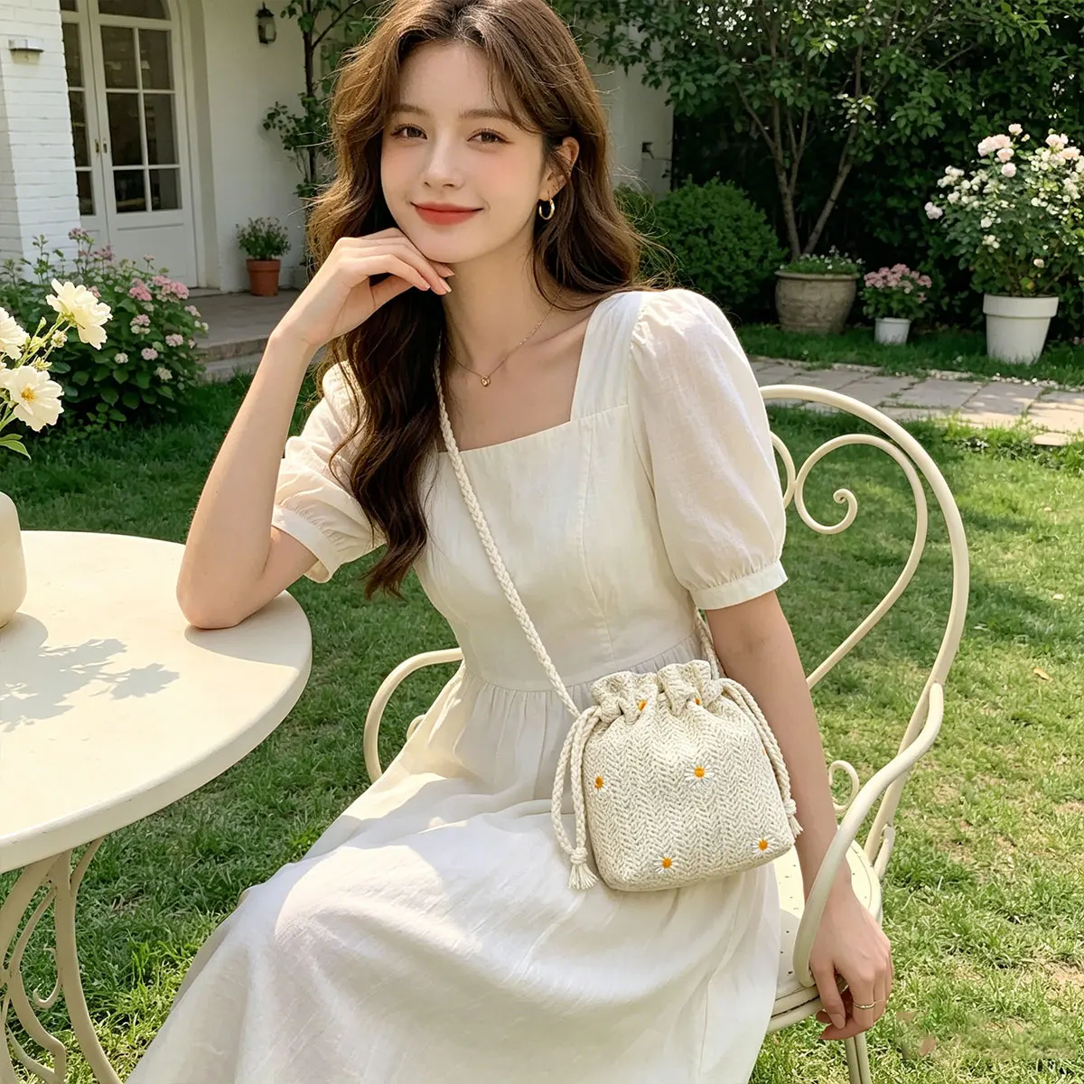 Sweet and Premium Beach Grass Woven Mini Bucket Bag Drawstring Design Single Shoulder Diagonal Crossbag Used for Vacation Travel
