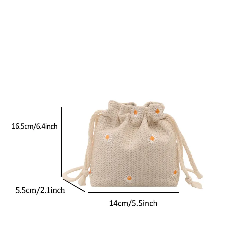 Sweet and Premium Beach Grass Woven Mini Bucket Bag Drawstring Design Single Shoulder Diagonal Crossbag Used for Vacation Travel